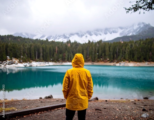 Person in yellow raincoat by a turquoise lake, snowy mountains