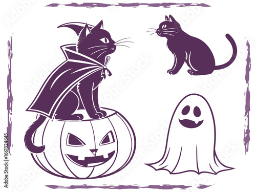 Halloween black cats and pumpkin with ghost illustration on white background jack o lantern