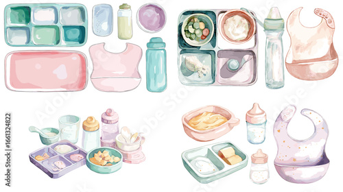 Watercolor illustration set of baby feeding essentials including bibs, bottles, plates, bowls, and baby food in pastel colors.