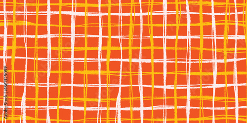 Abstract Seamless Plaid Background with Hand Drawn Stripes in Orange, Yellow, and White. Rough textured checkered background for fabric, textiles, and wrapping paper.