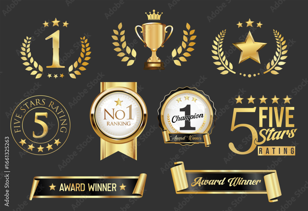 Naklejka premium Award Winner emblem collection of gold laurel and gold emblem with text isolated on black background
