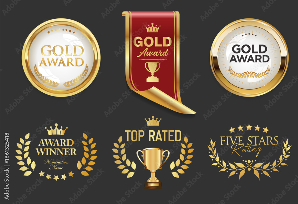 Obraz premium Award Winner emblem collection of gold laurel and gold emblem with text isolated on black background