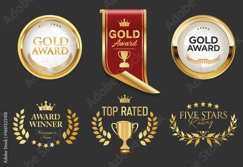Award Winner emblem collection of gold laurel and gold emblem with text isolated on black background