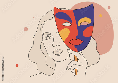 Woman holding a colorful abstract theater mask over her face in an emotional concept, discovery of the true self, trust, psychotherapy.. Art for personality or theatrical design.