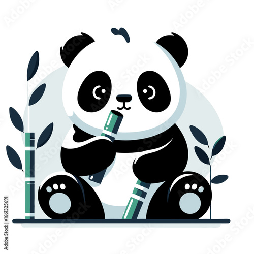 Cute cartoon panda bear eating bamboo shoot flat illustration.
