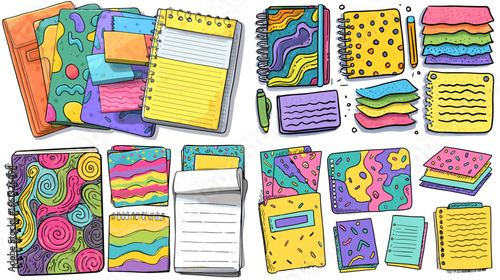 Bright and playful cartoon-style illustration of notebooks, journals, sticky notes, and stationery in vibrant colors and bold patterns.