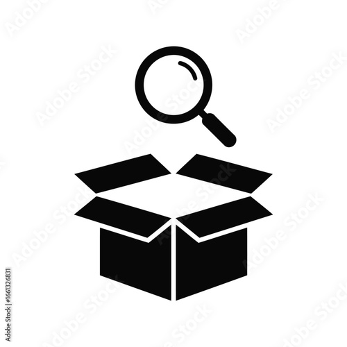 Open cardboard box with magnifying glass icon search discovery delivery logistics