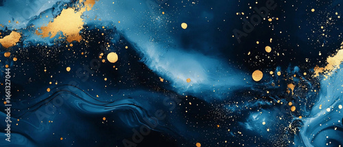 Abstract cosmic swirl: deep blue hues, gold accents, celestial feel