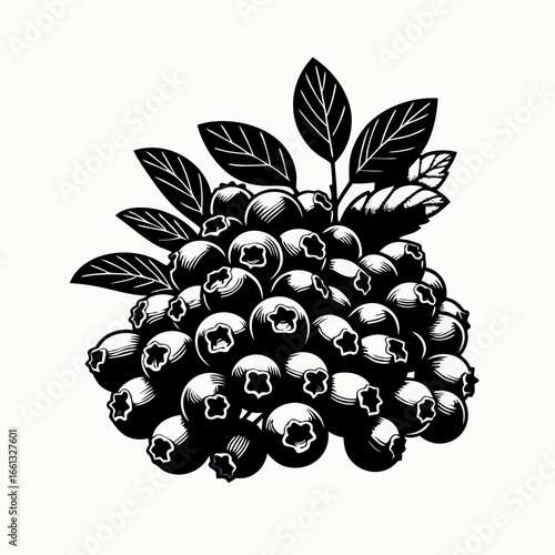 Stylized Black and White Blueberry Cluster Illustration with Leaves.
