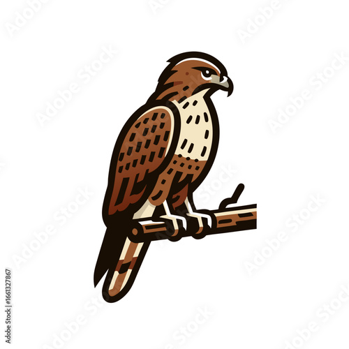 Stylized brown hawk or eagle perched on a branch mascot illustration.