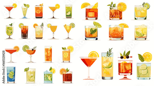 Colorful watercolor cocktails with fruits, herbs, and glasses. Perfect for summer party, bar menu, mixology, and celebration design.