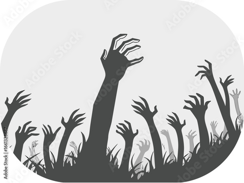 Zombie Hands Emerging From Grassy Ground Against Light Background rising graveyard