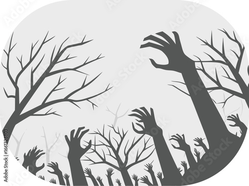 Zombie Hands Reaching Up From Dark Forest Against Light Background rising graveyard