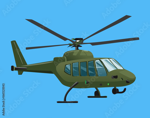 Detailed front view illustration of a dark green military helicopter with complex rotor system against a blue sky