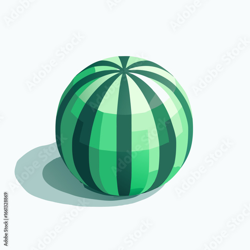 Stylized Polygonal Watermelon Sphere with Green Stripes and Facets.