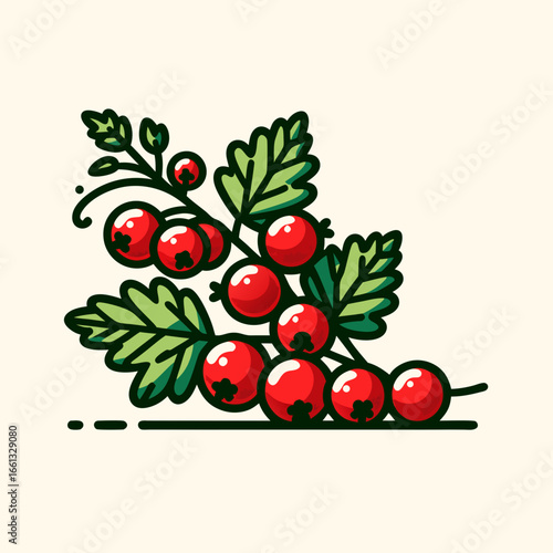 Stylized Red Berries and Green Leaves Illustration.