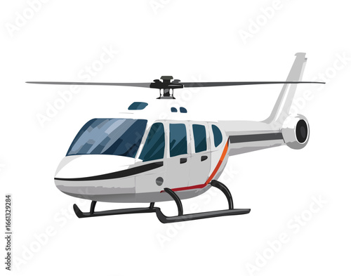 Clean and simple vector graphic of a white executive helicopter with a dark windshield flying through the air quickly