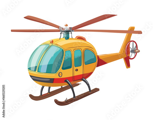 Classic cartoon illustration of a yellow and red passenger helicopter with a bubble canopy flying in the air