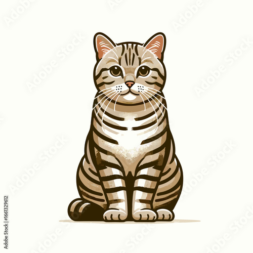 Stylized Striped Cat Illustration with Blue Accents Sitting.