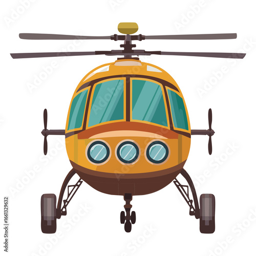 Detailed Front View of a Commercial Helicopter in Brown and Yellow Tones, Emphasizing a Sturdy Structure and Surveillance Lights	