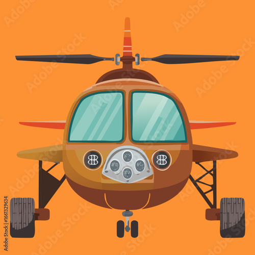 Vibrant Close-Up of a Retro Orange Utility Helicopter, Featuring Large Windows and a Simple, Classic Transport Design	