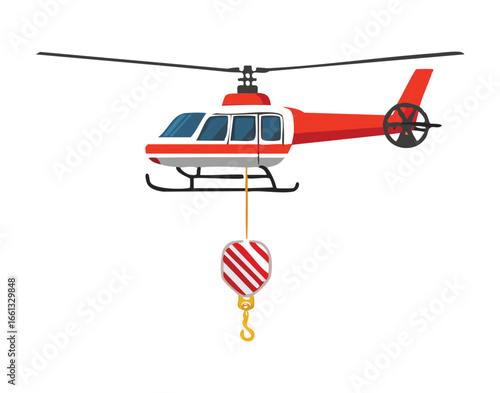  A Red Helicopter with a Suspended Hook and Heavy Crane