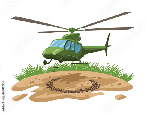 A Low-Flying Army Surveillance Helicopter in Dark Green Camouflage Hovering Above a Clear Dirt Area, Post-Mission	