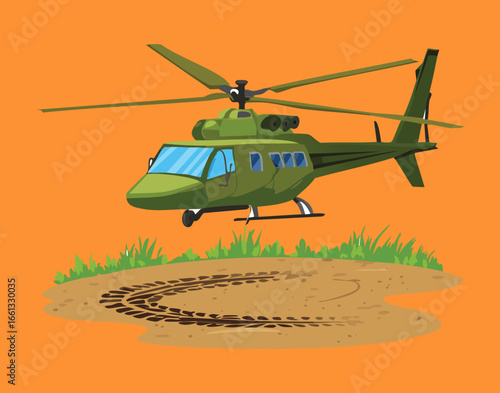 Heavy-Duty Olive Green Military Helicopter Resting on a Dusty Field After Landing, With Visible Circular Skid Marks	