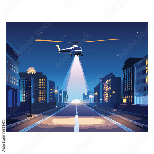  Illustration of a Helicopter Flying Over a City at Night