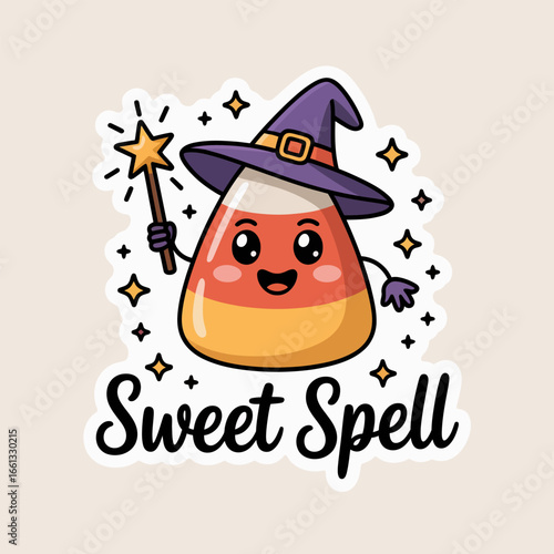 Candy corn witch character, sweet spell lettering, star sparkles, adorable cartoon art, vector clipart, t shirt print, poster design, social media graphic, festive icon