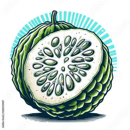 Vibrant Green Bitter Melon Fruit CrossSection Illustration.