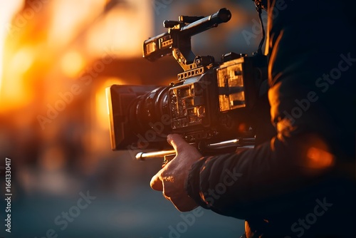 Person holds professional video camera, filming against a warm, glowing sunset backdrop.