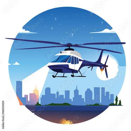 Illustration of a Helicopter Flying Over a City at Night