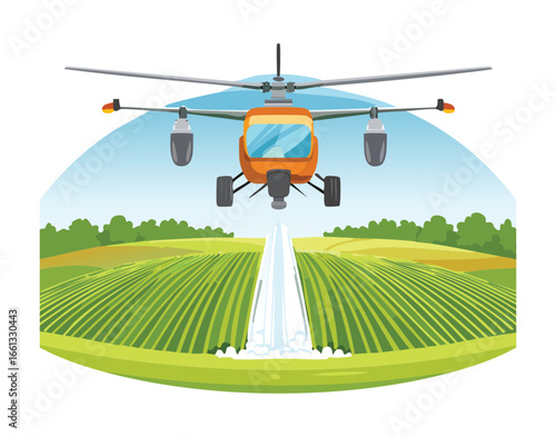 Illustration of a Helicopter Spraying Water on a Farm Field