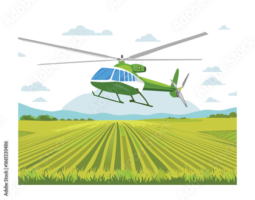 Illustration of a Green Helicopter Flying Over a Farm Field