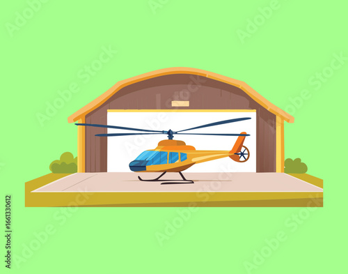 Yellow Utility Helicopter with Twin Blades Resting Inside a Hangar, Ready for Departure on a Bright Sunny Day	