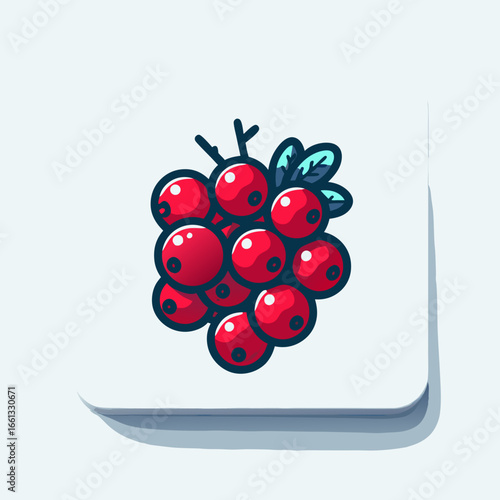Vibrant Red Berry Cluster with Green Leaves Cartoon Icon Illustration.