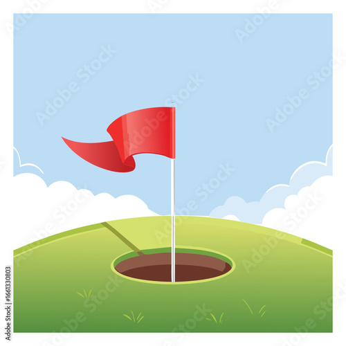 Red golf flag planted firmly in the hole on a bright green hill, symbolizing the successful end of a golf game	
