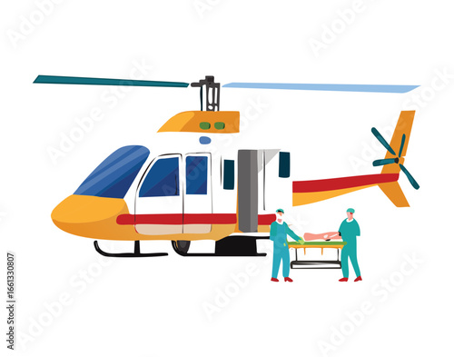 Small civilian helicopter being serviced by ground crew technicians, representing maintenance and preparation for air travel	