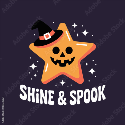shine and spook smiling star wearing witch hat surrounded by sparkles playful halloween typography vector art for stickers posters cards t shirts