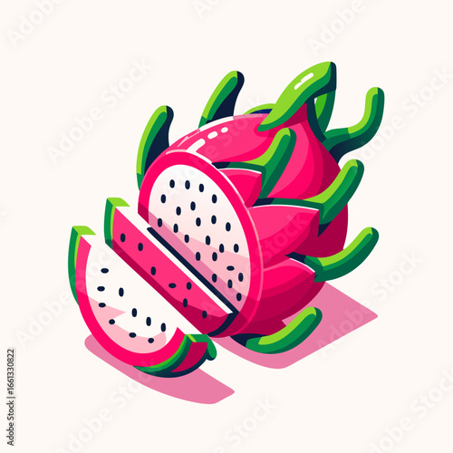 Vibrant Sliced Dragon Fruit Illustration with Pink and Green Hues.