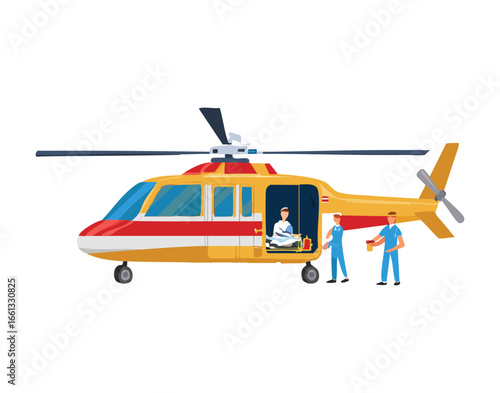 Cartoon emergency services helicopter landing with medical personnel assisting a patient on the ground during a rescue mission	