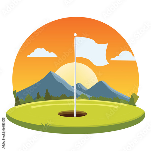 White Flag on the Golf Green with a Scenic Mountain and Sunset View in the Background Symbolizing Calmness	