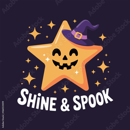 shine and spook cute star character with witch hat and face sparkling halloween badge vector for sticker packs posters shirts and cards