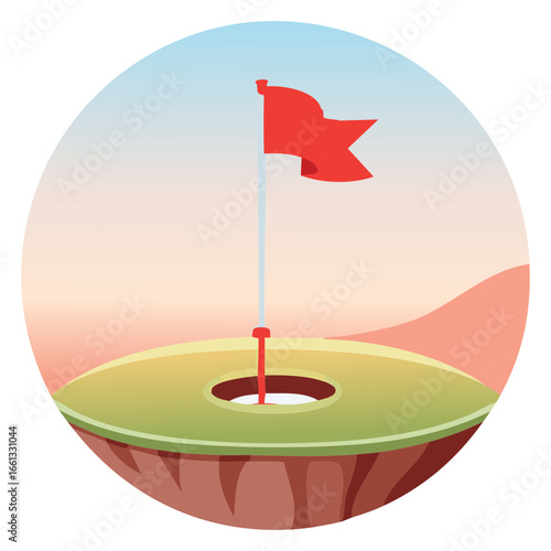 Golf Hole Surrounded by Green Grass with a Red Flag and a Scenic Desert Landscape in the Background at Sunset	