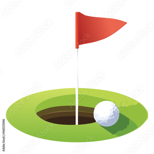 A Red Flag Stands Firmly in the Golf Hole After a Perfect Shot with the Ball Inside the Cup on the Green	