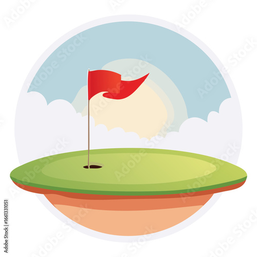 A Golf Green with a Red Flag on a Floating Island