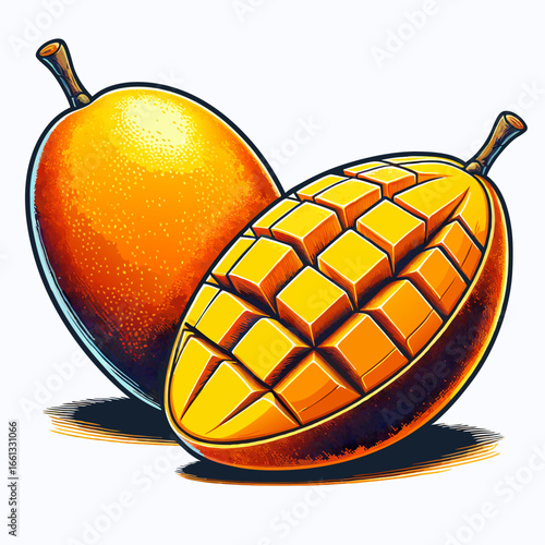Vibrant Stylized Mangoes One Whole One Halved with Cubed Flesh.