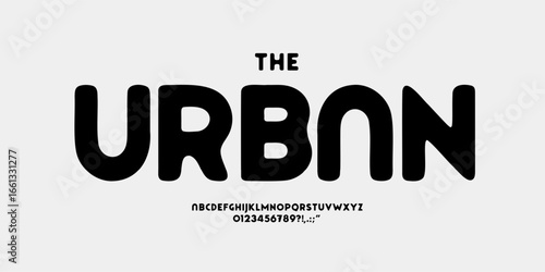 Urban bold sans typeface with smooth rounded letters, minimal geometric techno style font alphabet for cyberpunk logo, gym branding, dystopian headline, robotic street signage, soft scifi design