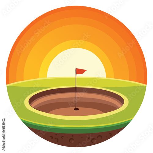  Golf Green with Red Flag at Sunset on an Island

